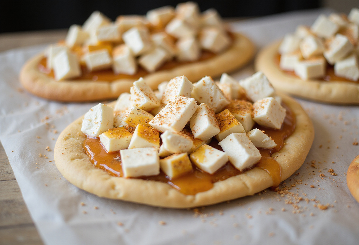 Pain pita avec mélange de feta et de miel en préparation pour les roulés feta miel épicé.