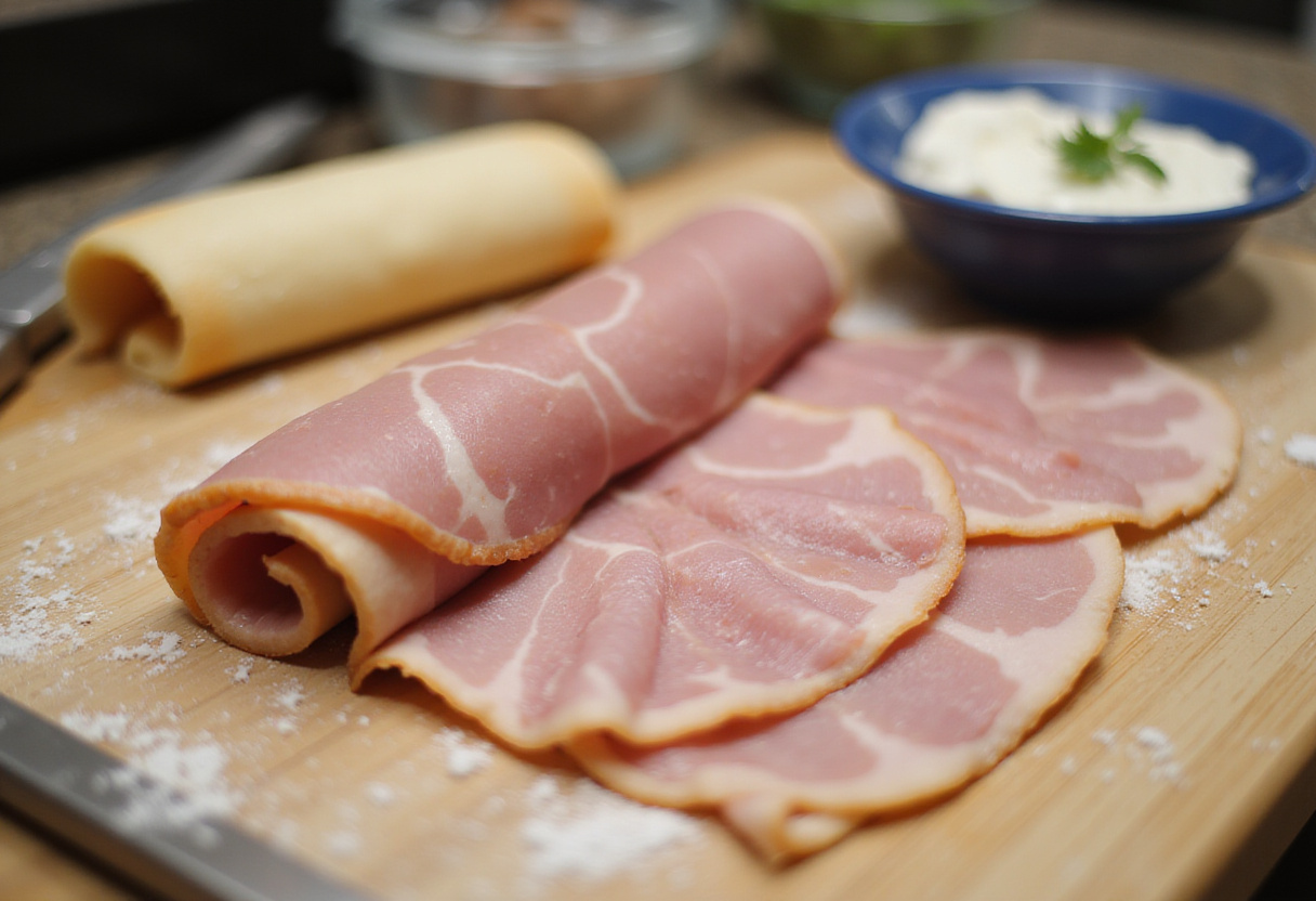 Slices of ham prepared for making roulés fromage-lardon with cream cheese mixture.