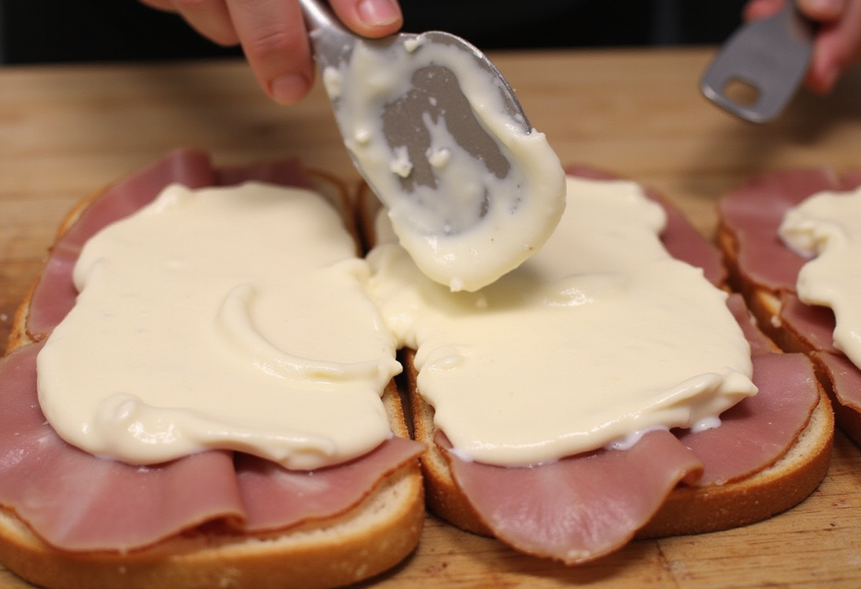 Cream cheese spread on ham slices for preparing roulés fromage-lardon.