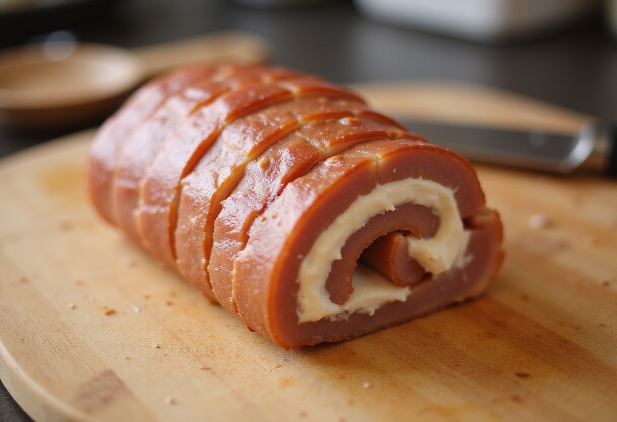 Rolled ham and cream cheese mixture ready to slice for roulés fromage-lardon.
