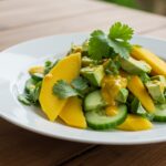 Salade fraîcheur concombre mangue avocat prête à être servie, idéale pour un repas léger.