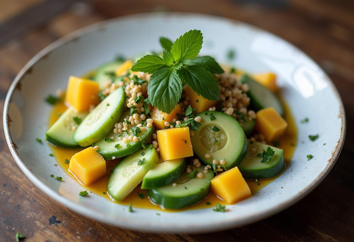 Salade fraîcheur concombre mangue avocat prête à être servie, idéale pour un repas léger.