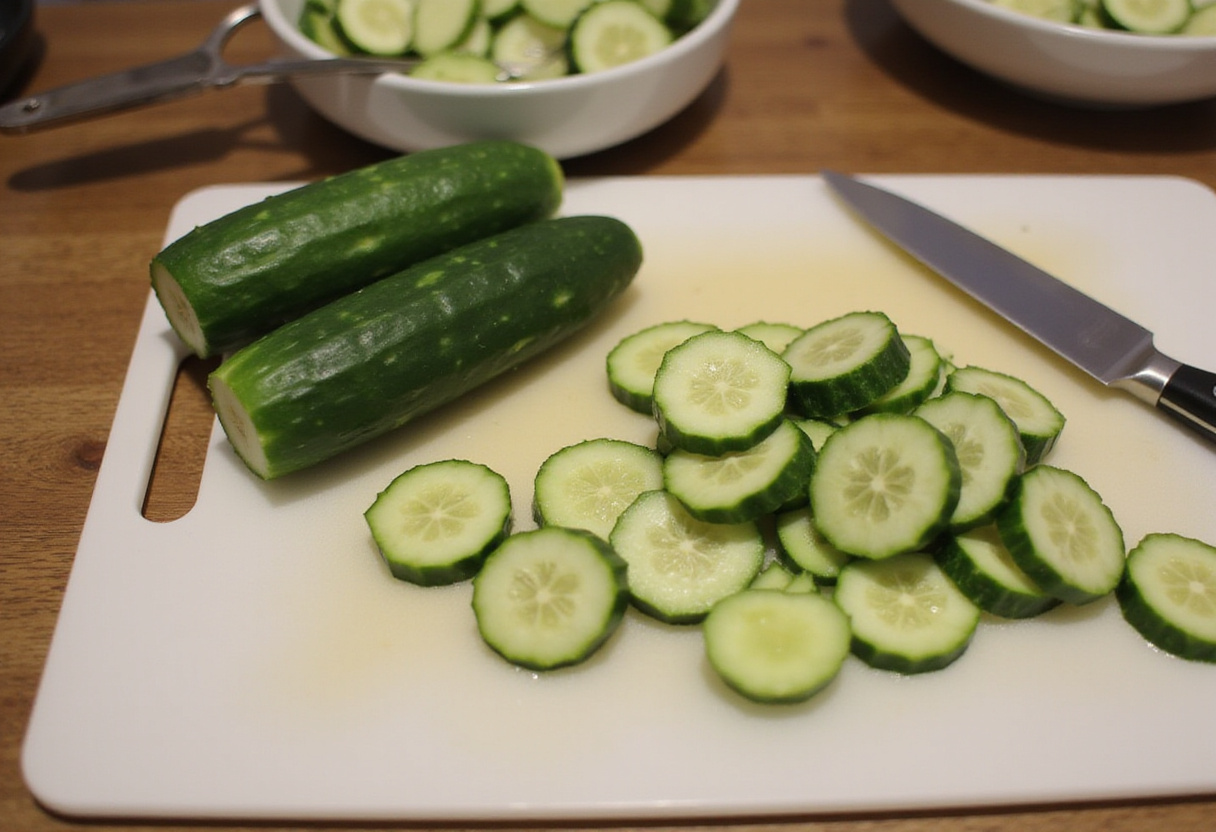 Concombre frais tranché pour la recette salade concombre mangue avocat.