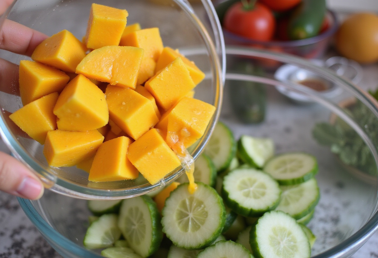 Dés de mangue ajoutés à la salade fraîcheur concombre mangue avocat.