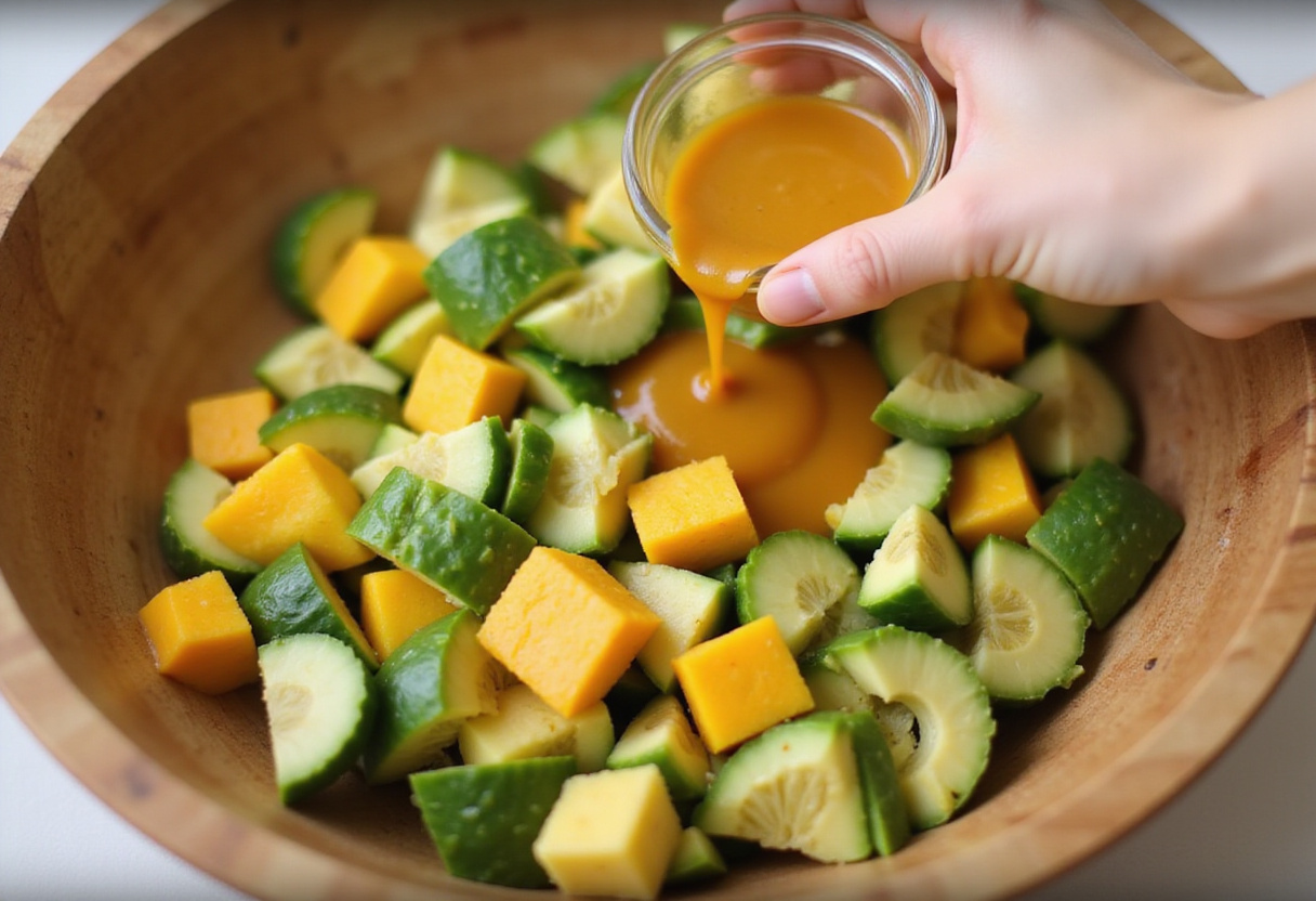 Mélange de salade exotique avec avocat, mangue et concombre assaisonné de curry.