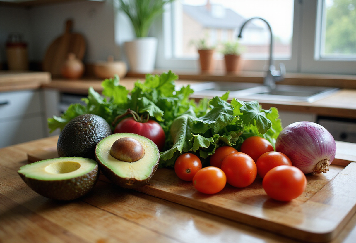 Ingredients for salade fraîche avocat including fresh avocado, tomatoes, and greens for a healthy summer salad.