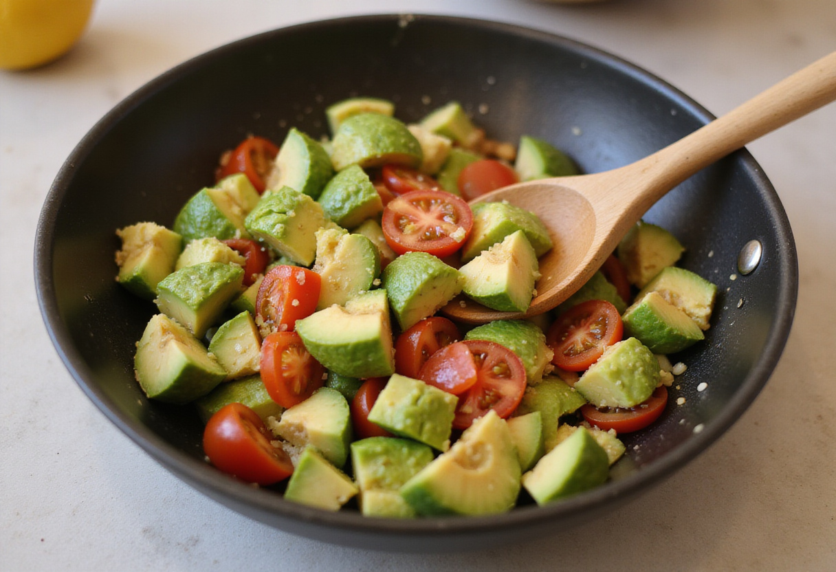 Diced avocados and tomatoes being mixed for a fresh salad recette de salade avocat.