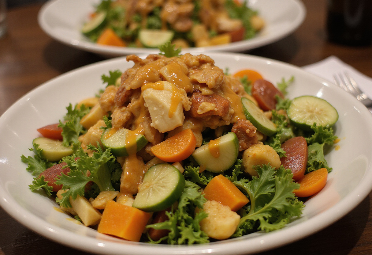 Colorful salade avocat prepared in a serving bowl, showcasing fresh ingredients coated with homemade dressing.