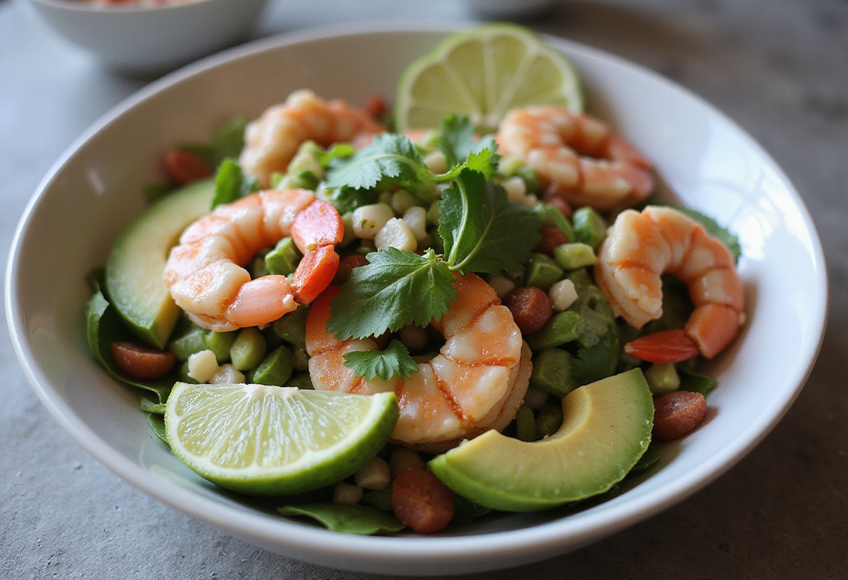 Perfectly arranged salade fraîcheur aux crevettes with avocado and palm hearts for a healthy summer dish.
