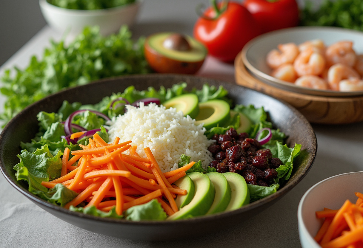 Preparation of salade aux crevettes with fresh greens and vibrant vegetables.