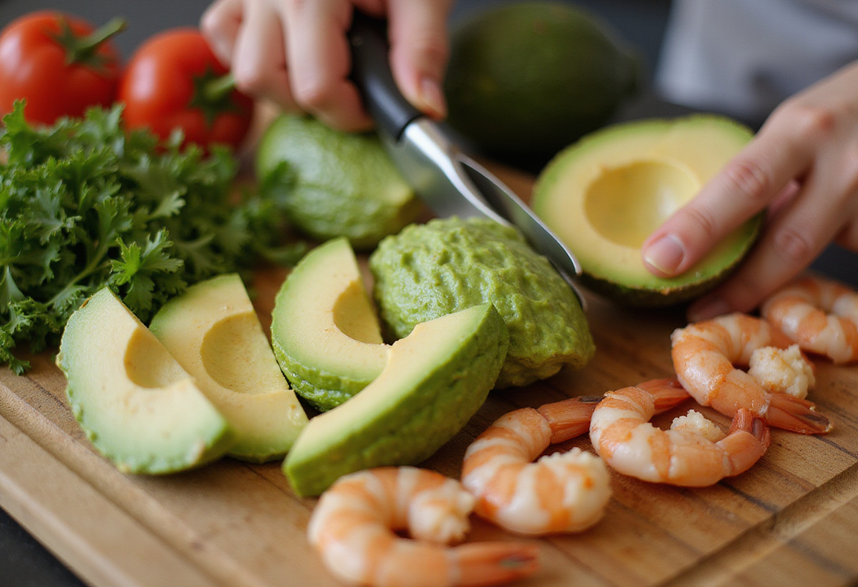 Cutting avocado cubes for salade fraîcheur aux crevettes preparation.