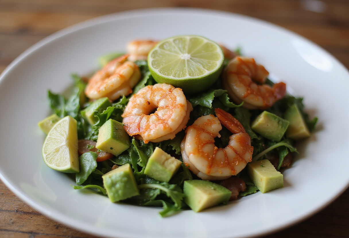 Mixing shrimp with greens and avocado for a refreshing salade aux crevettes dish.