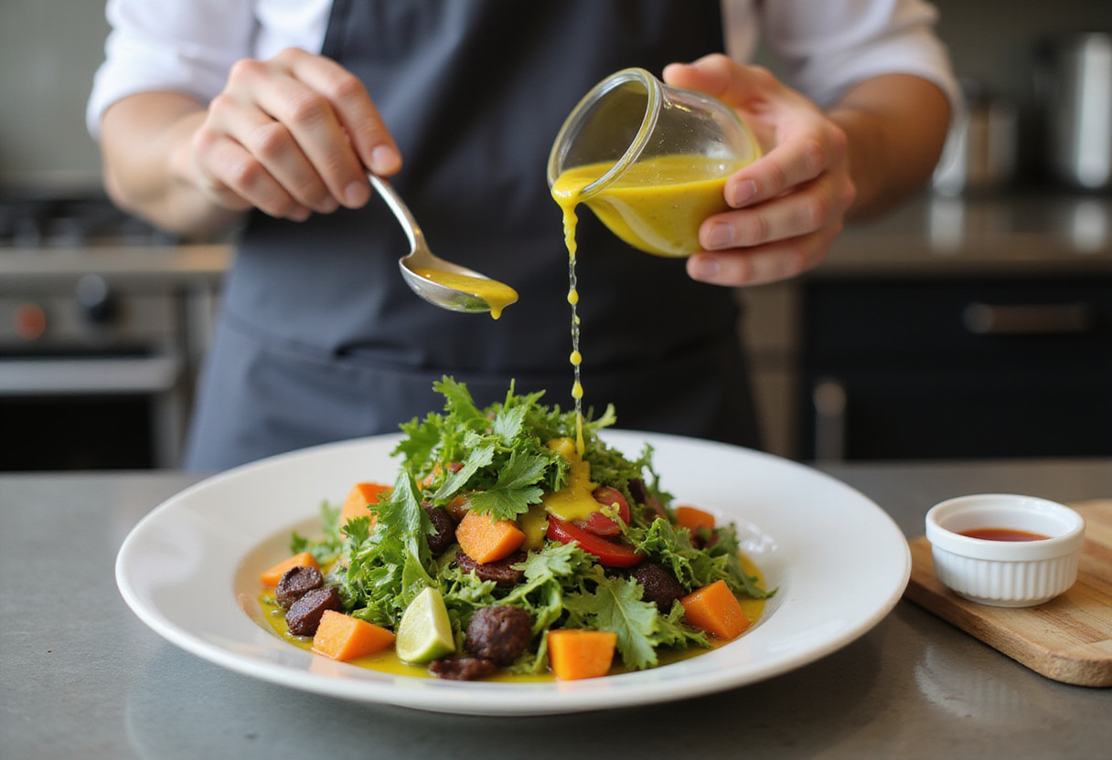 Drizzling vinaigrette on the fresh salade d'été with shrimp and avocado.