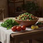 Salade libanaise de tomates finie, prête à être servie lors d'un repas convivial.