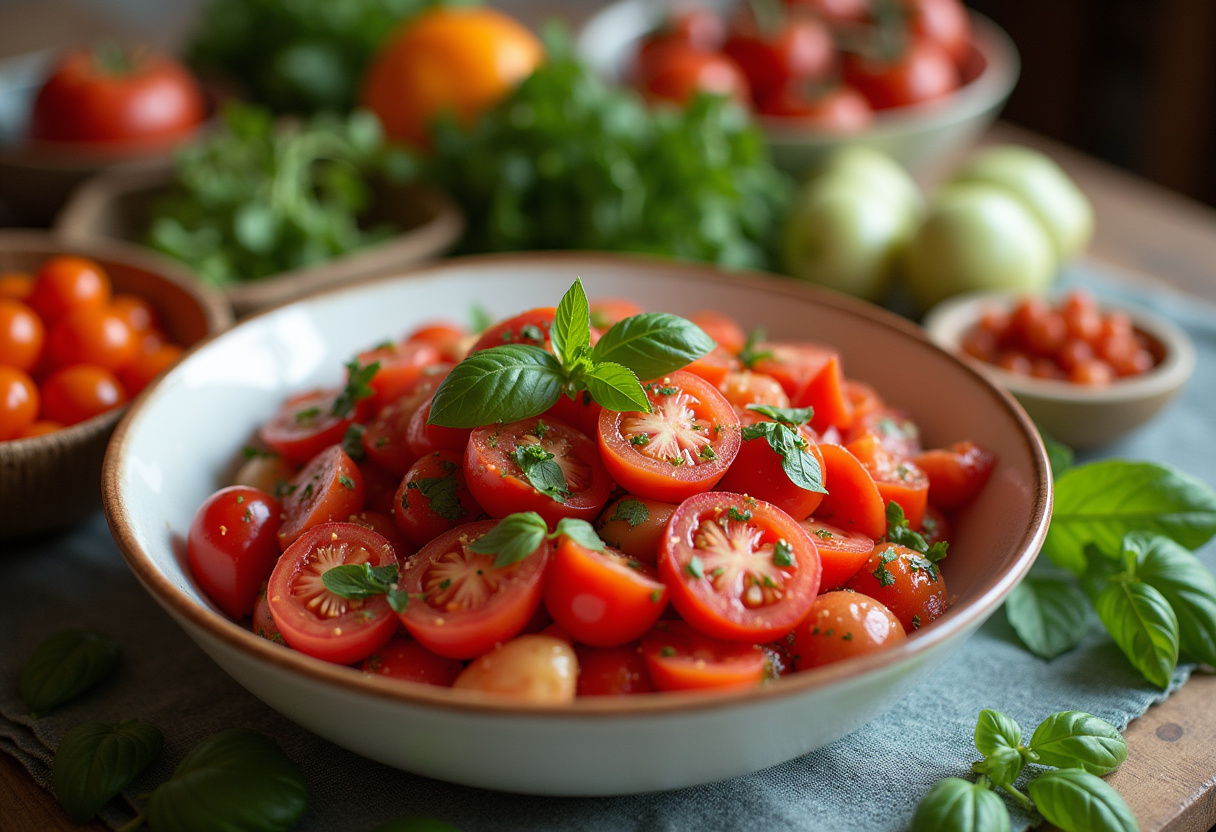 Salade libanaise de tomates finie, prête à être servie lors d'un repas convivial.