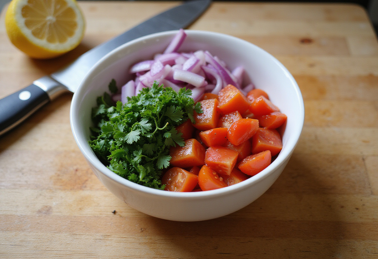 Recette salade libanaise avec tomates, persil frais et oignons rouges sur une planche à découper.