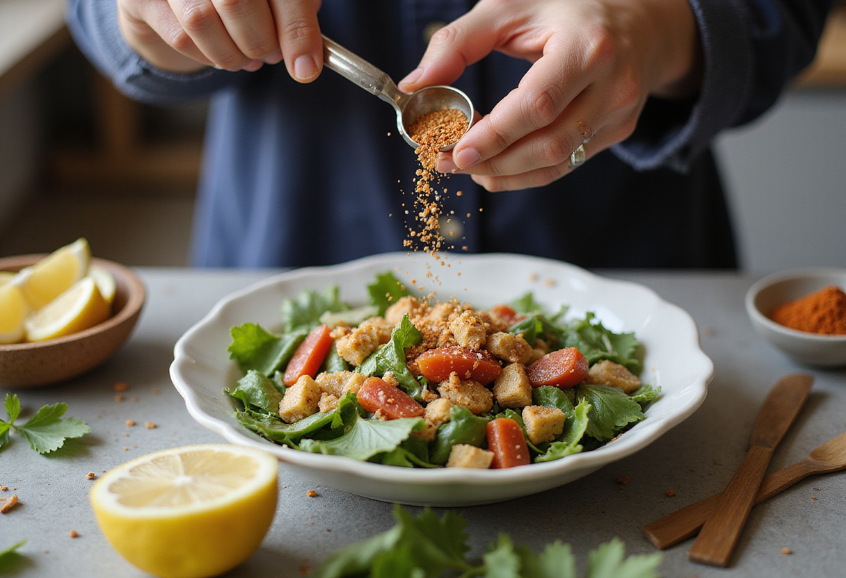 Épices et sumac ajoutés à la salade de tomates libanaise pour rehausser la saveur.