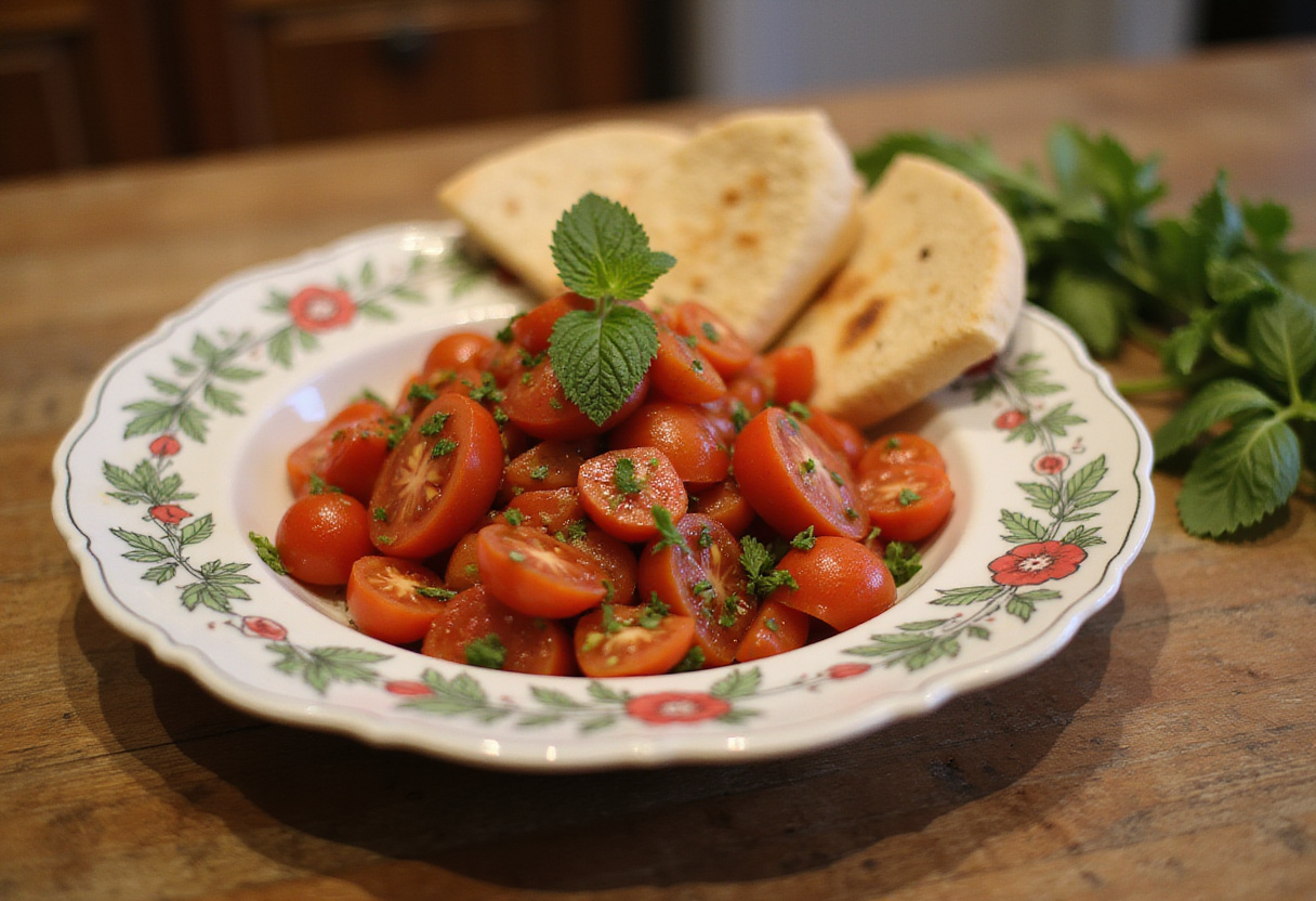 Bol de salade libanaise de tomates parfaitement préparé, prêt à être dégusté.