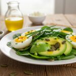 Salade d’avocat, œuf et épinards finie, idéale pour une alimentation saine.
