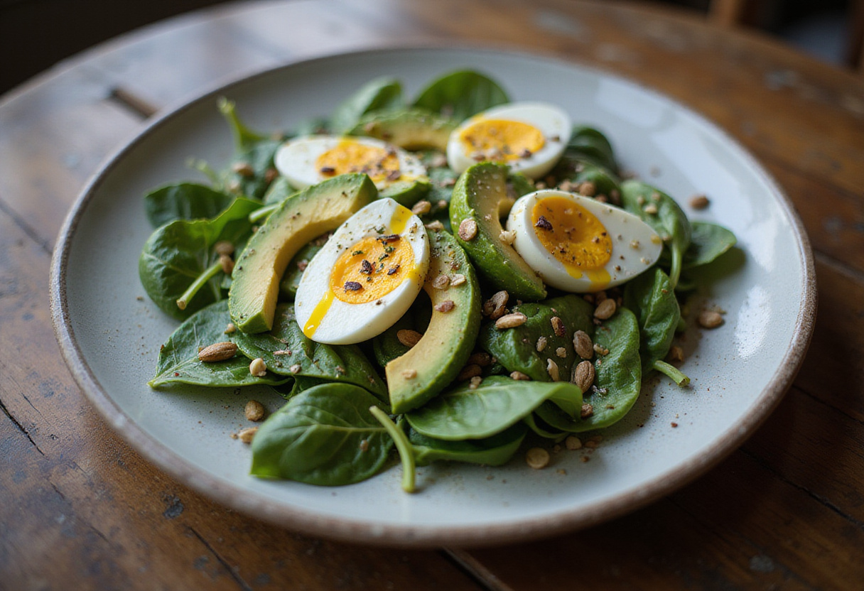 Salade d’avocat, œuf et épinards finie, idéale pour une alimentation saine.