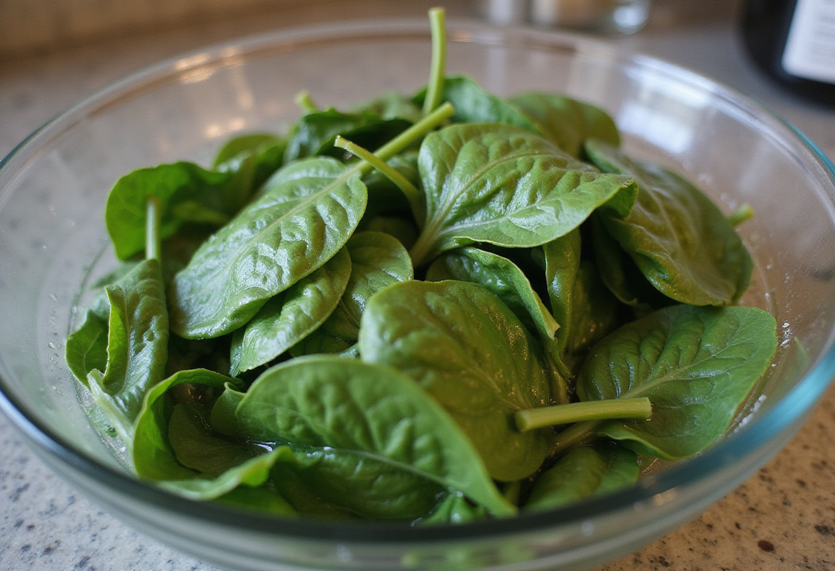 Laver des épinards frais pour une recette de salade d’avocat, œuf et épinards.
