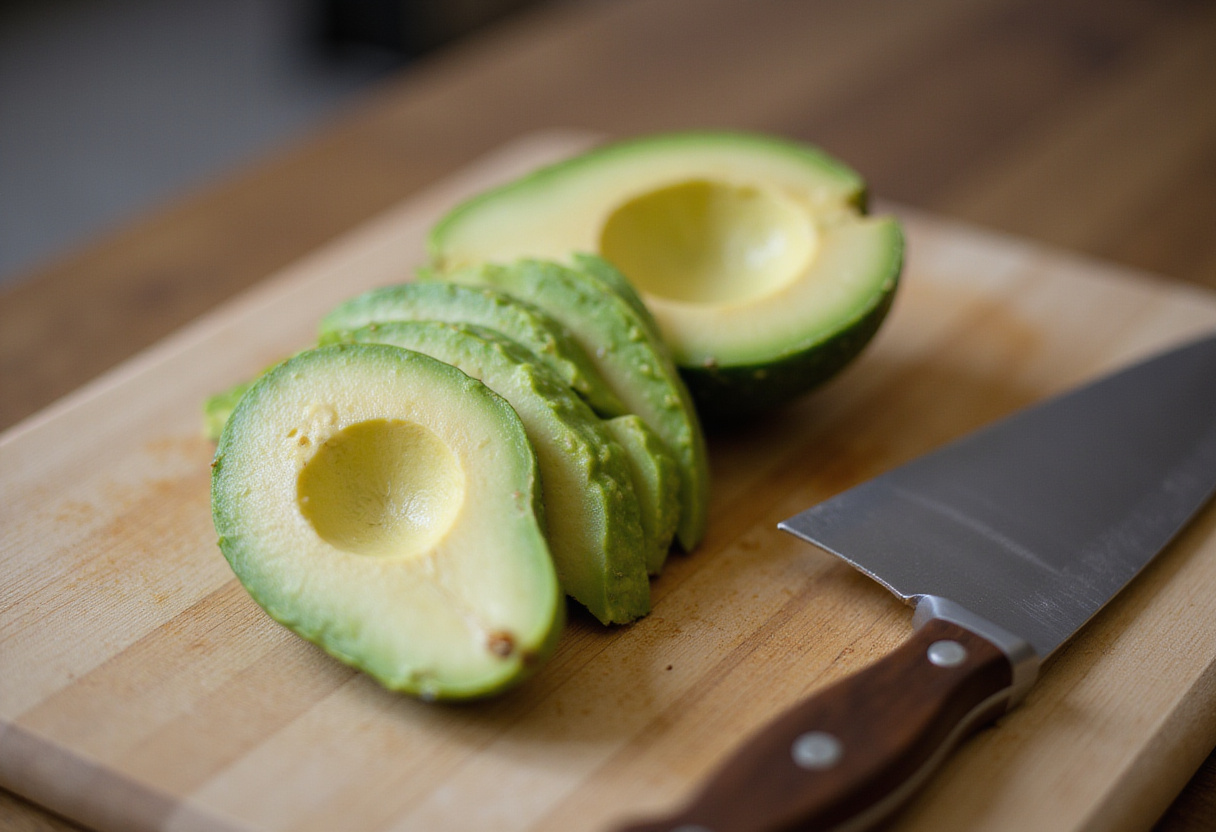 Tranches d’avocat prêtes pour la salade d'avocat, œuf et épinards.