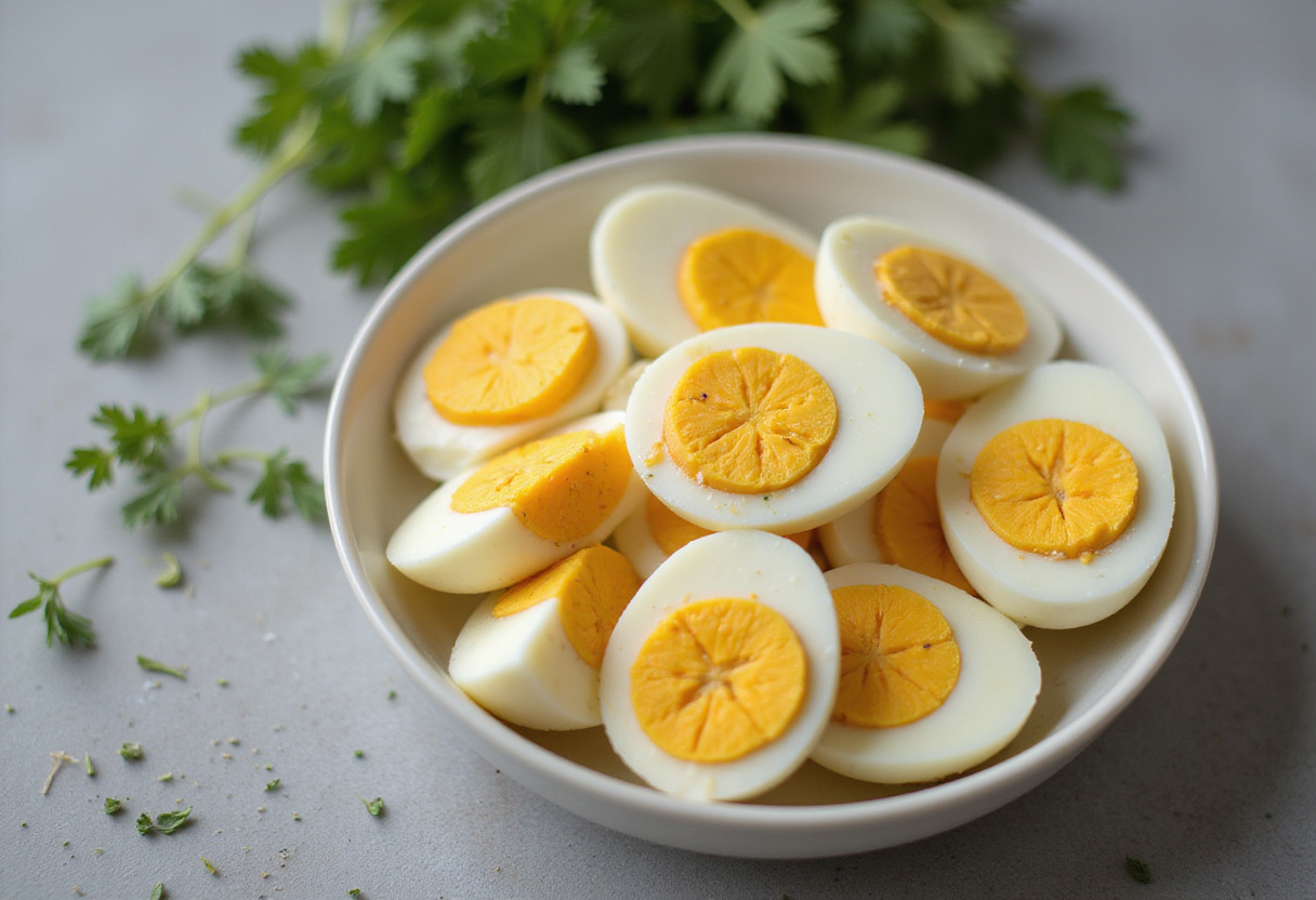 Oeufs durs coupés en deux pour la recette de salade d’avocat, œuf et épinards.