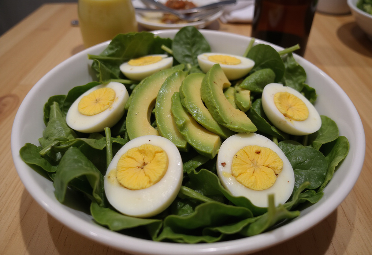 Mélange pour salade d’avocat, œuf et épinards dans un grand saladier.