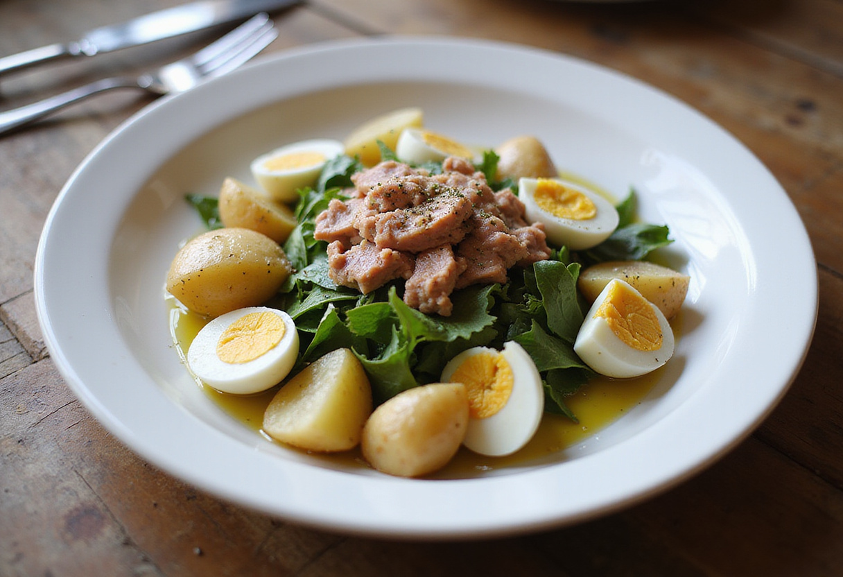 Salade de pommes de terre au thon et œufs frais prête à être servie pour une occasion spéciale.