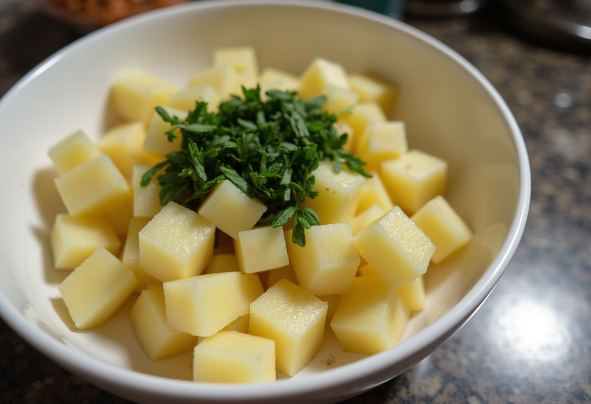 Bol avec des pommes de terre coupées et des herbes fraîches pour la recette salade de pommes de terre.
