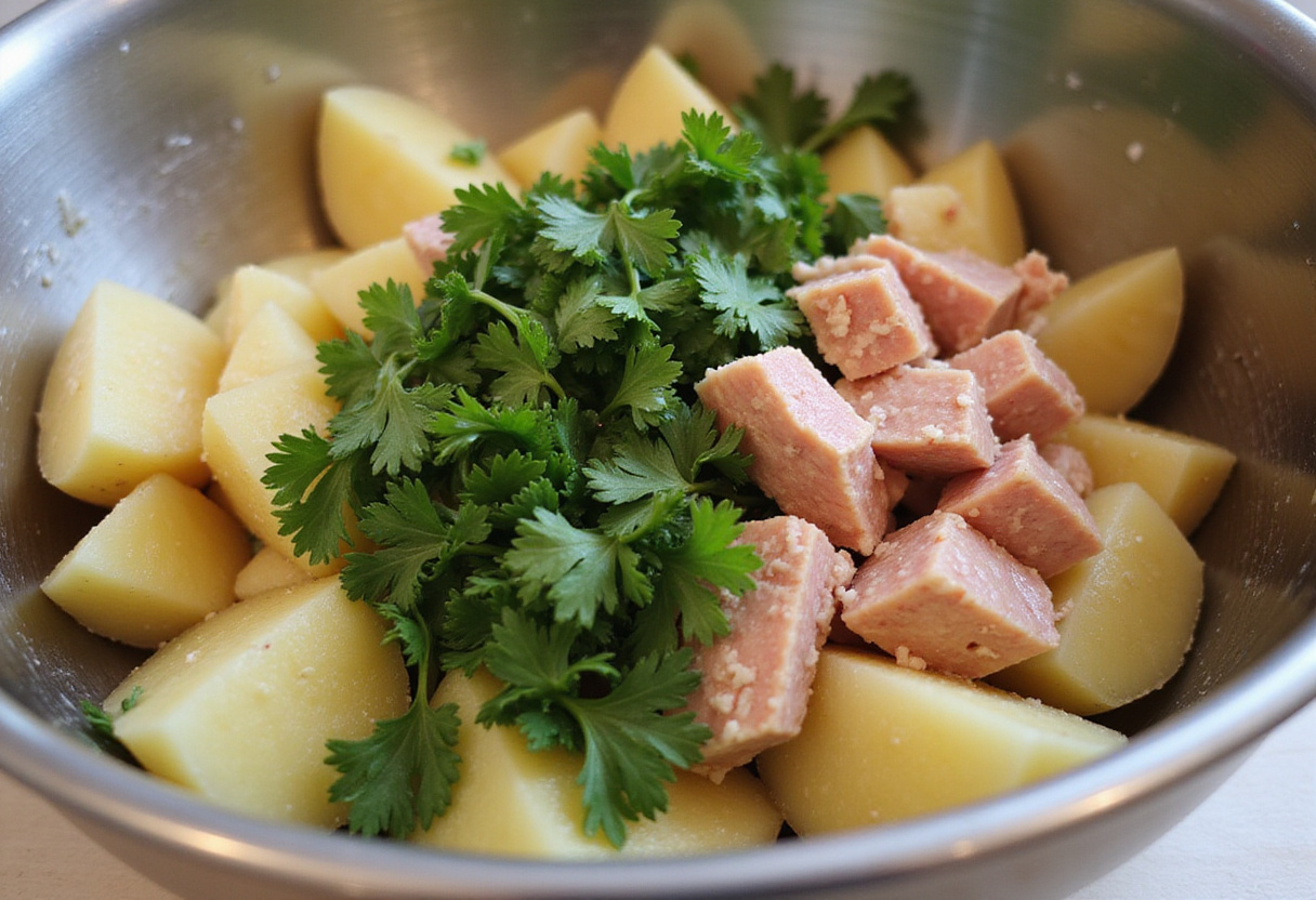 Mélange de pommes de terre et thon pour une salade de pommes de terre délicieuse.