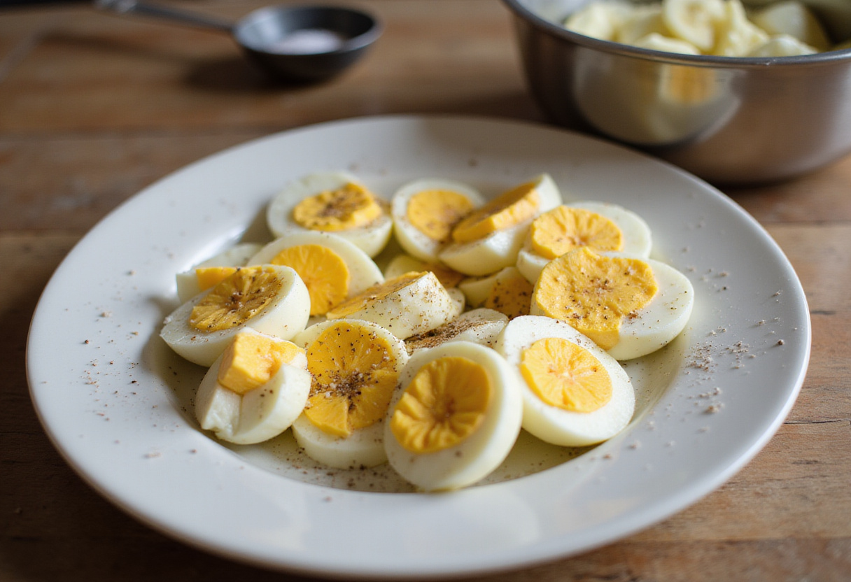 Œufs durs tranchés pour la salade avec œufs frais et pommes de terre.