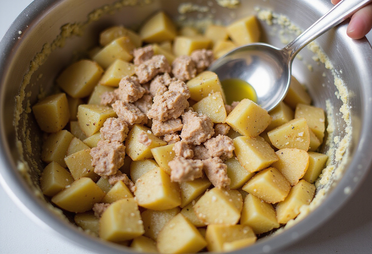 Mélange de pommes de terre et thon assaisonné pour une salade froide fraîche.