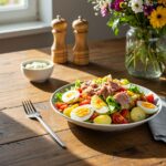 Salade de pommes de terre au thon et aux œufs frais, un plat santé parfait pour l'été.