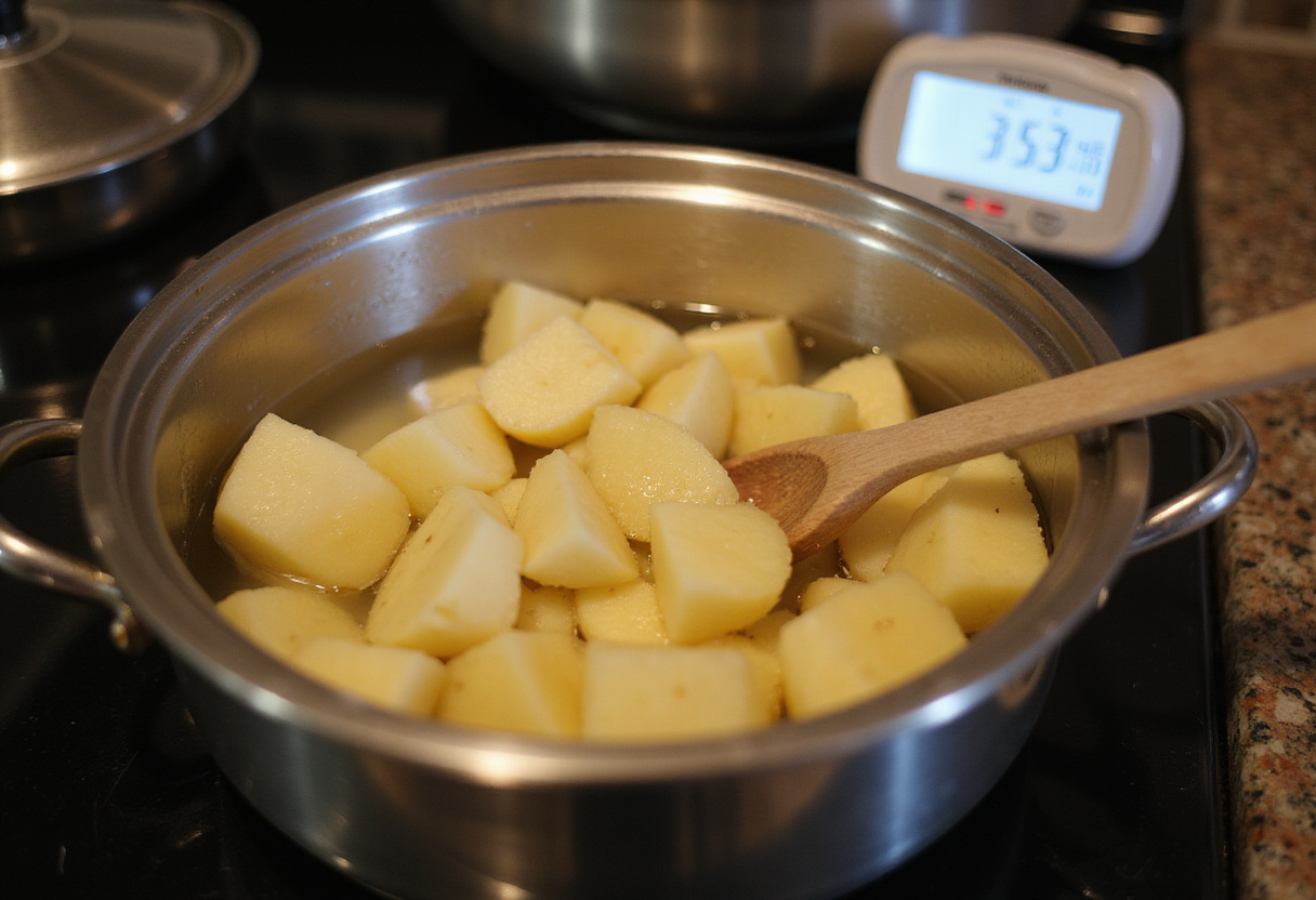 Préparation de pommes de terre pour une salade de pommes de terre au thon et aux œufs frais.