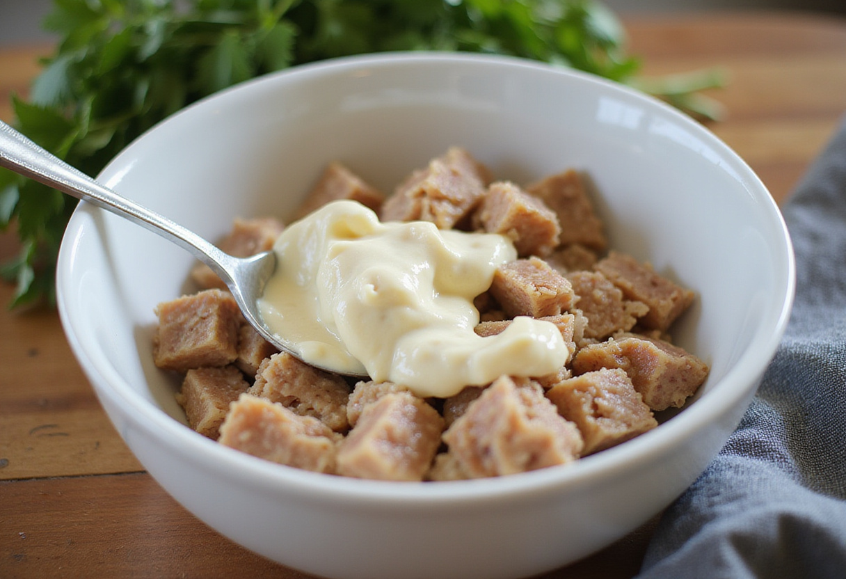 Mélange de thon et mayonnaise pour la recette facile de la salade de pommes de terre.