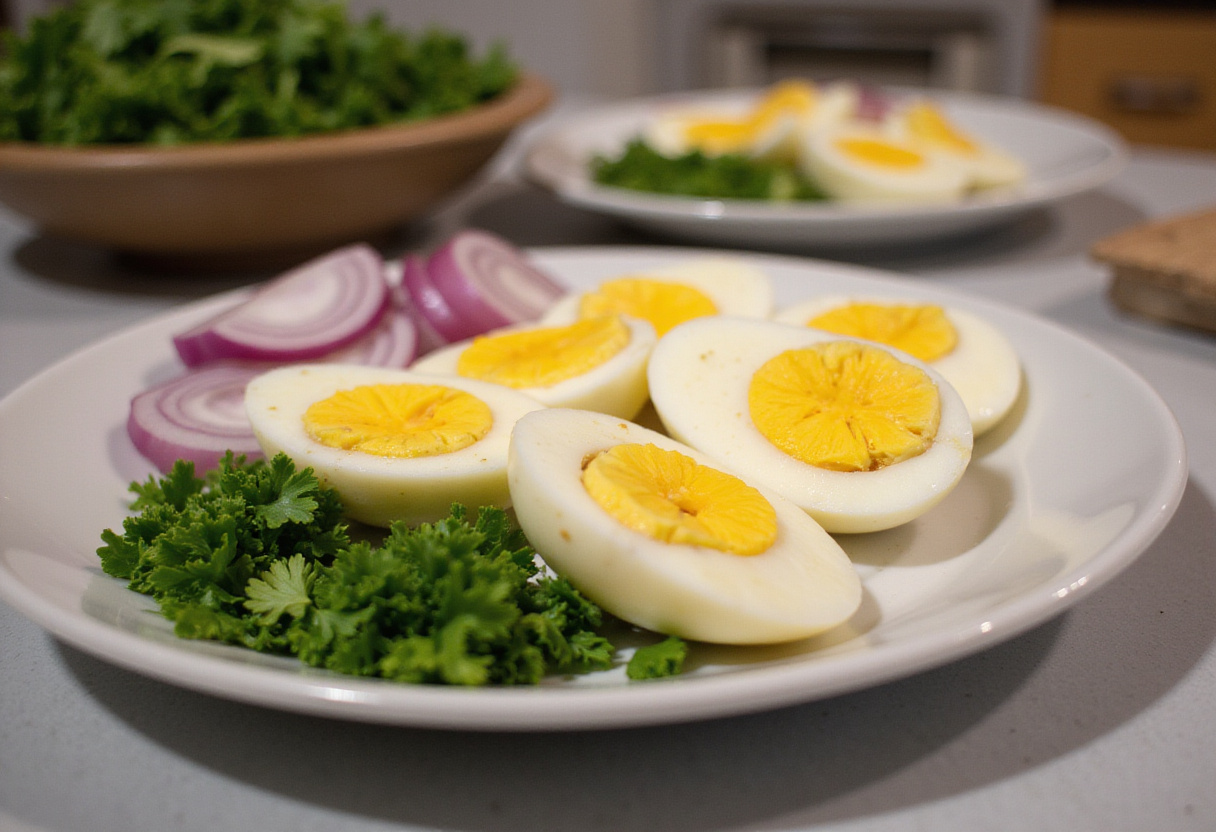 Oeufs frais tranchés préparés pour la salade complète de pommes de terre au thon.
