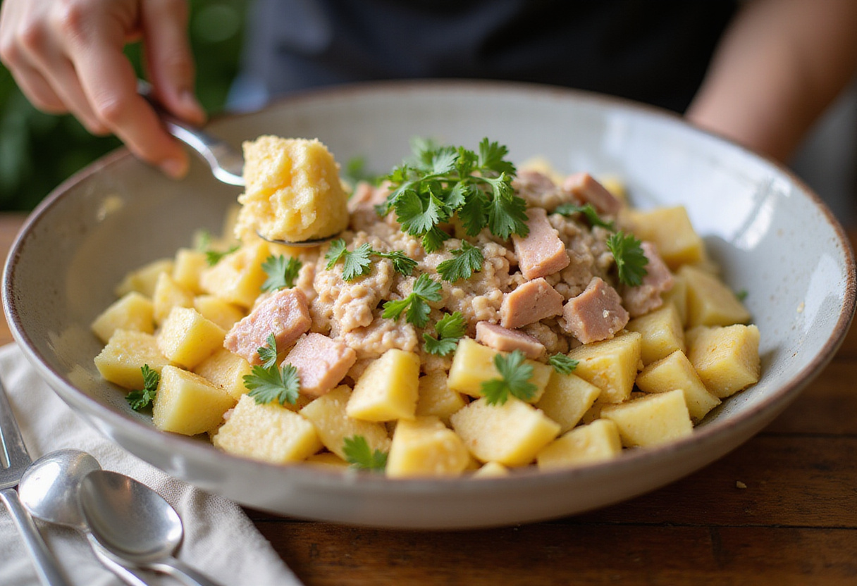 Bol de salade de pommes de terre au thon et aux œufs frais prêt à être servi.