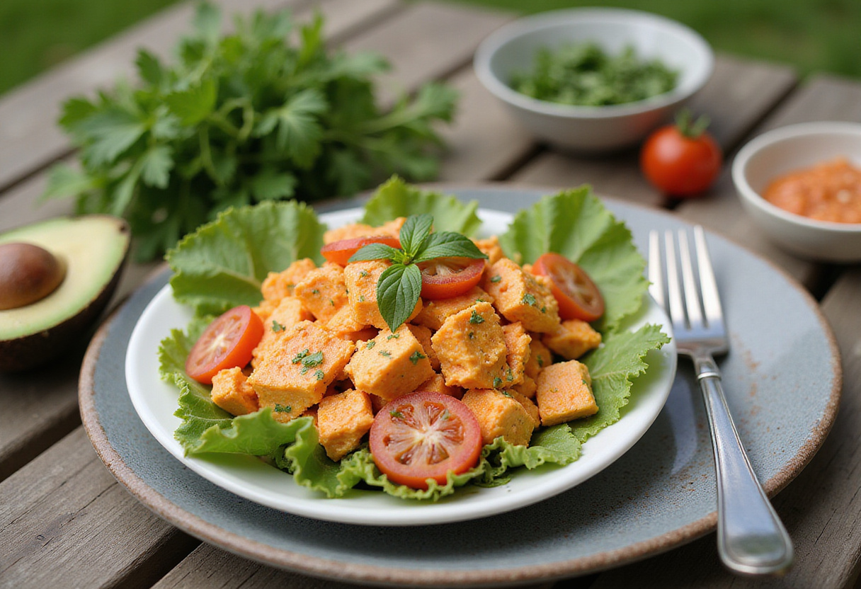 Salade de poulet buffalo finie, prête pour un repas d'été ou un pique-nique.