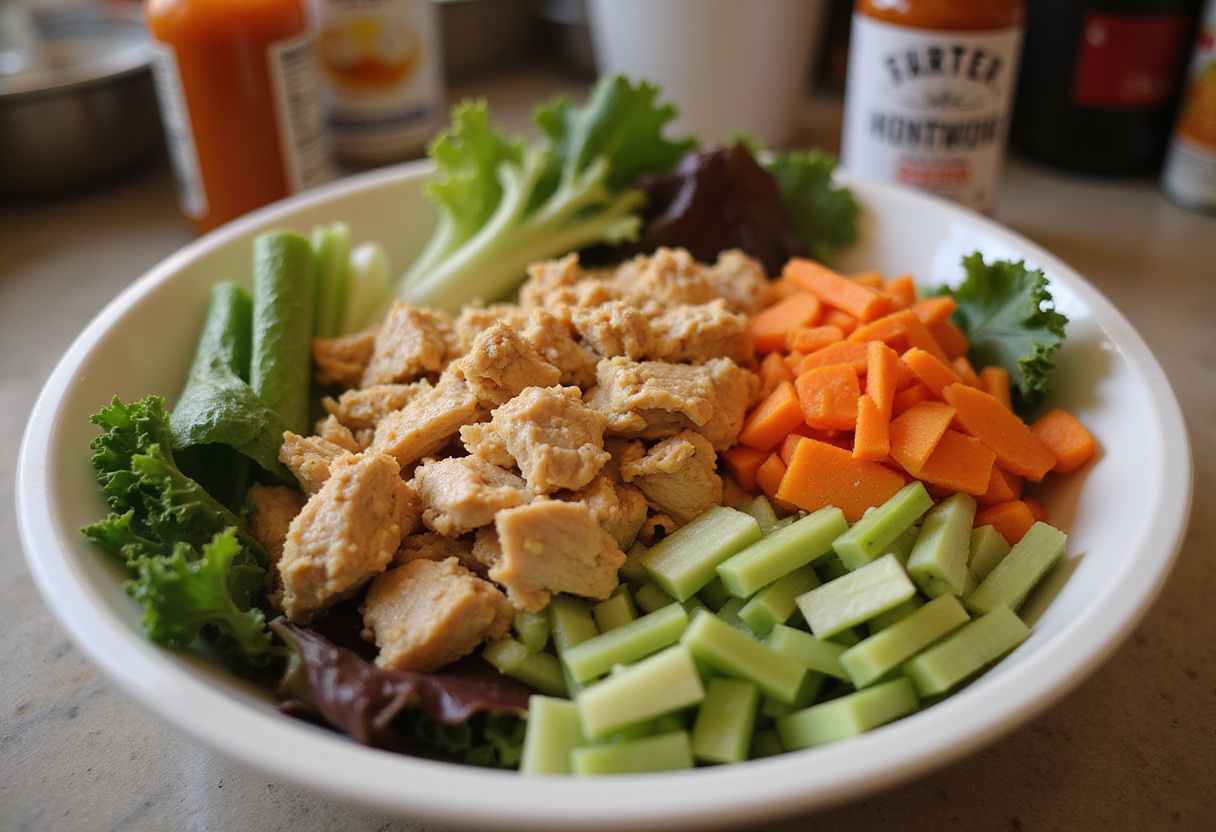 Ingrédients pour la salade de poulet buffalo, y compris le poulet effiloché et les légumes frais.
