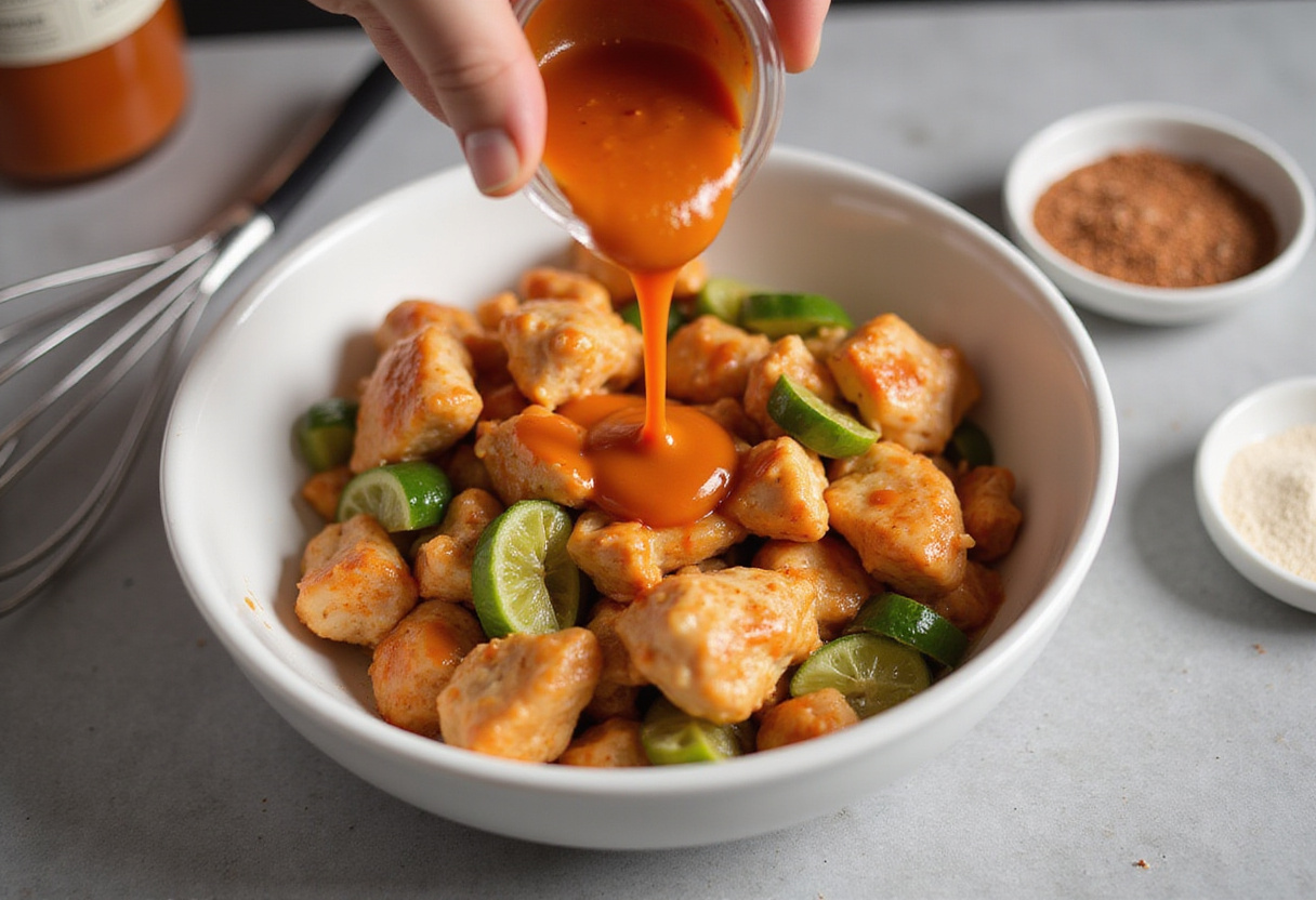 Ajout de sauce buffalo à la salade de poulet épicé pour une recette de salade savoureuse.