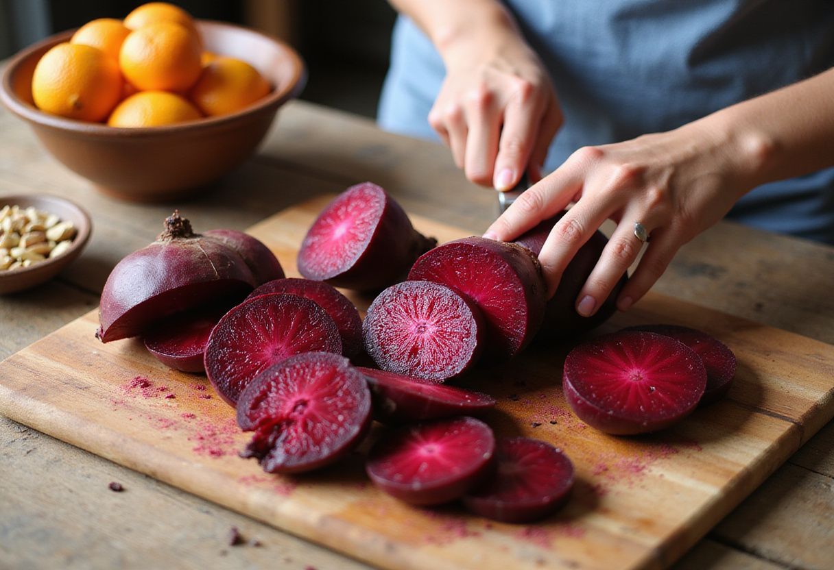 Fresh beets being prepared for salade de betteraves, showcasing colorful ingredients for a healthy summer salad.