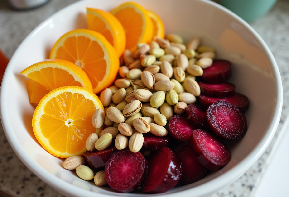Sliced oranges and pistachios combined for a refreshing salade d'été featuring beets.