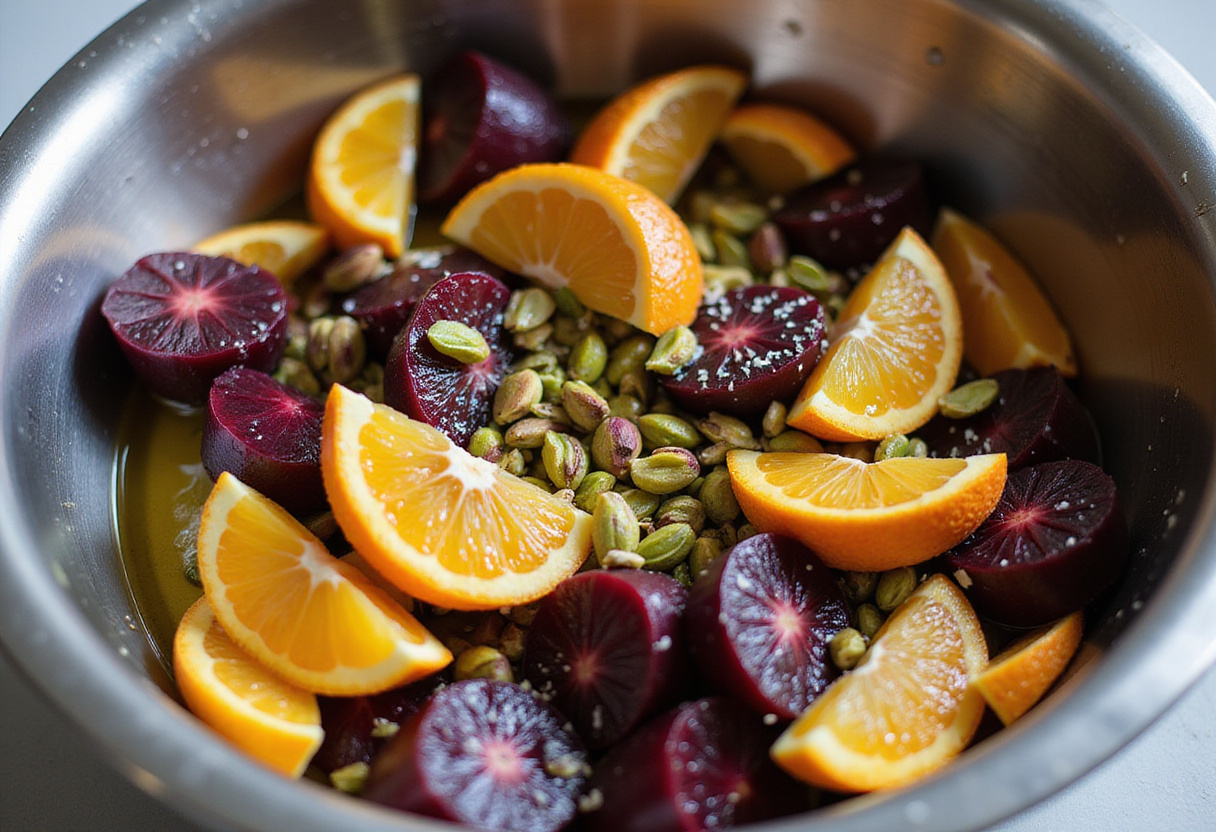 Tossing together beets, oranges, and pistachios for a delicious salade de betteraves santé.