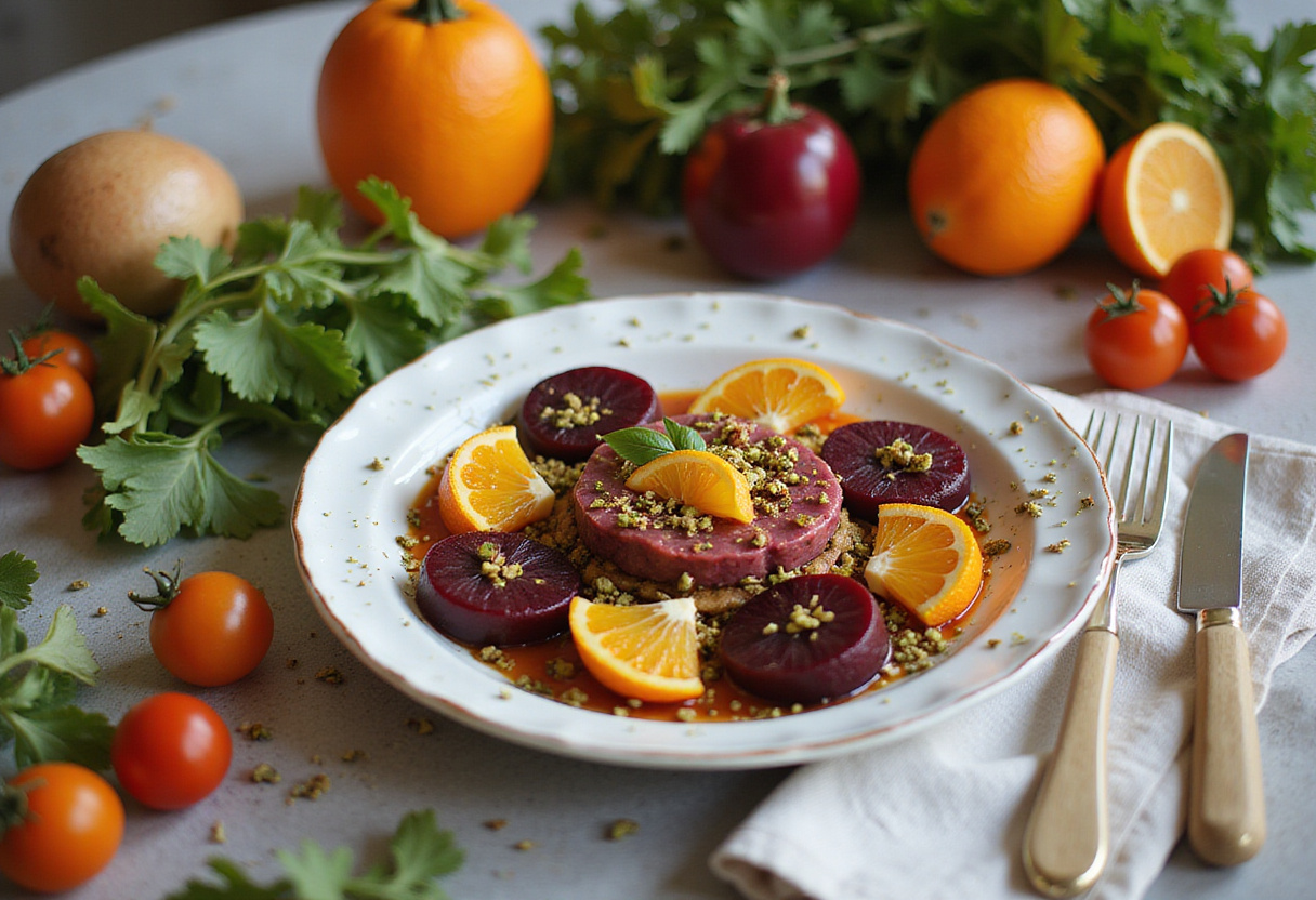Arranged salade de betteraves on a plate, representing fresh and light summer dish with vibrant colors.