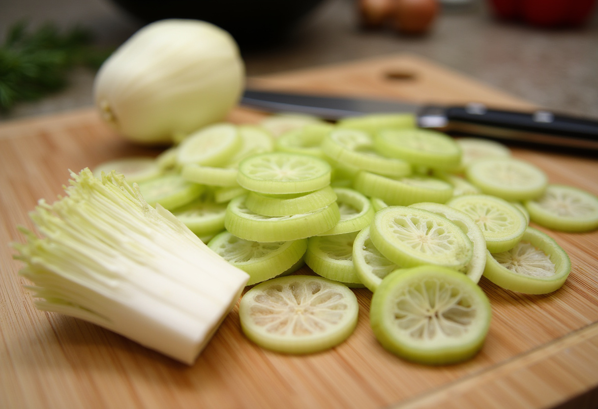 Sliced fennel and celery on a cutting board for recette salade froide preparation.
