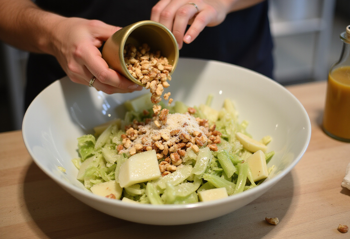 Adding toasted hazelnuts and parmesan to fennel and celery for salade de fenouil preparation.