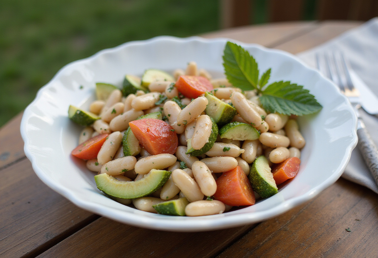 Salade de haricots blancs et légumes d'été finie, parfaite pour un repas estival.