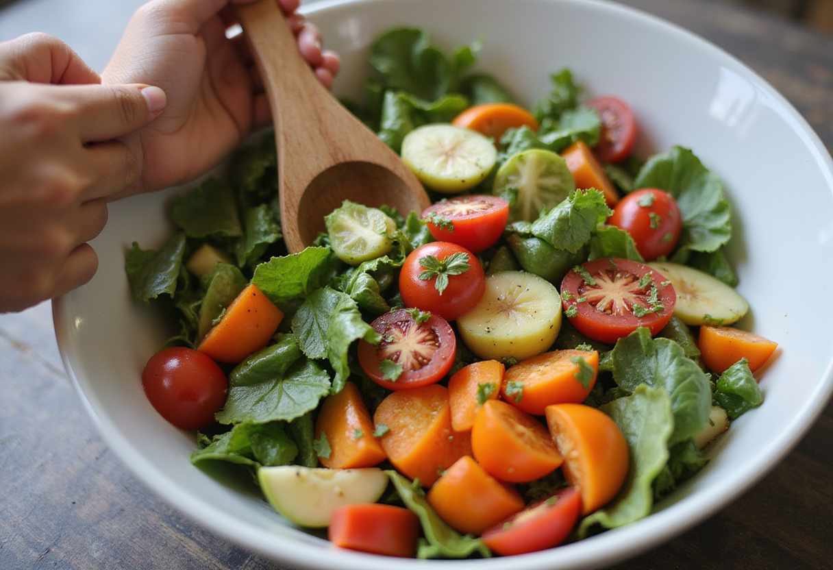 Mélange des ingrédients frais pour la salade de haricots blancs et légumes d'été dans un bol.