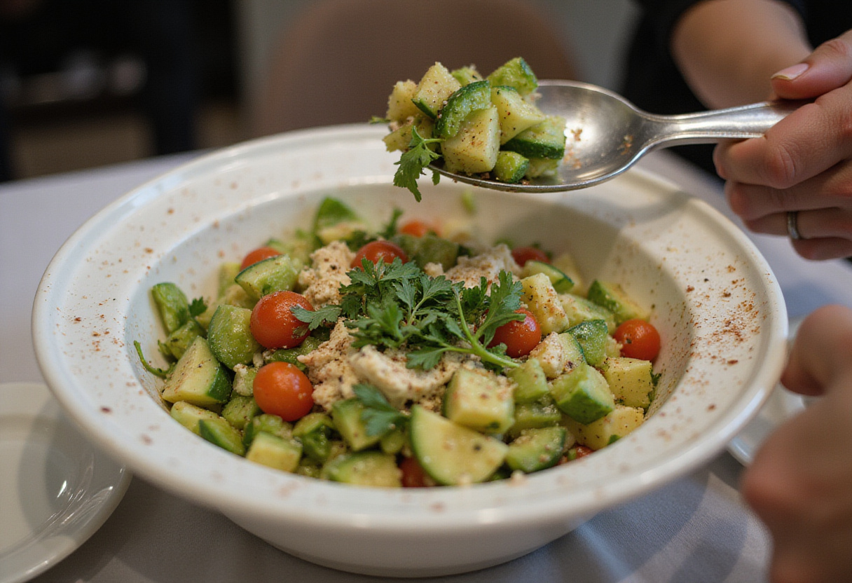 Salade froide de haricots blancs et légumes d'été prête à être servie dans un plat de service.